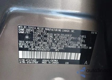 2015 Toyota Rav4 Xle from USA, damaged, VIN 2T3RFREV5FW260137